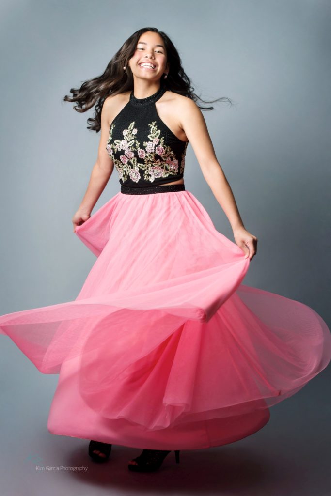 senior girl and pink and black long dress
